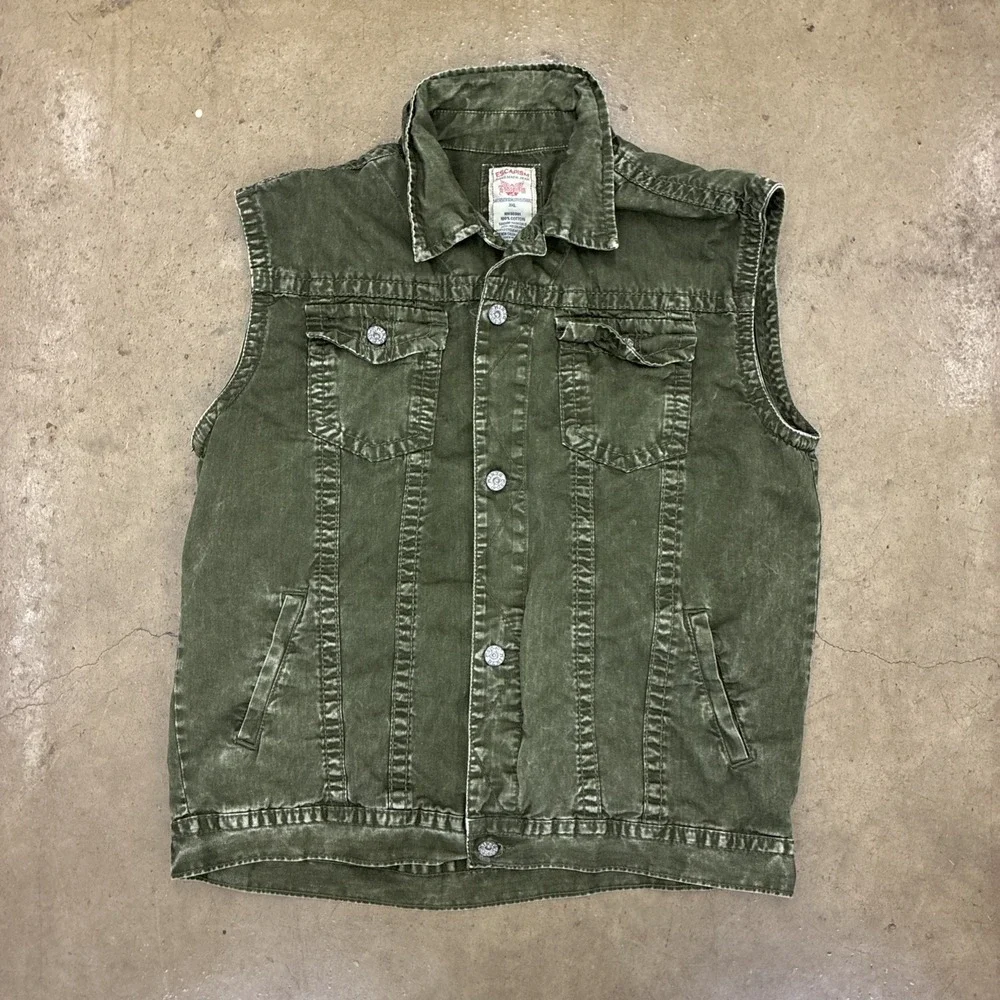 Vtg Escapism Green Denim Vest 100% Cotton Mens XXL Distressed Jean Size 3XL